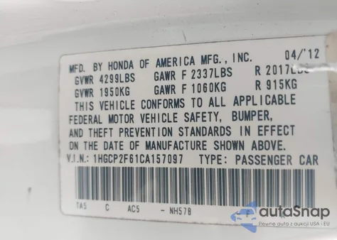 2012 Honda Accord 2.4 Se from USA, damaged, VIN 1HGCP2F61CA157097